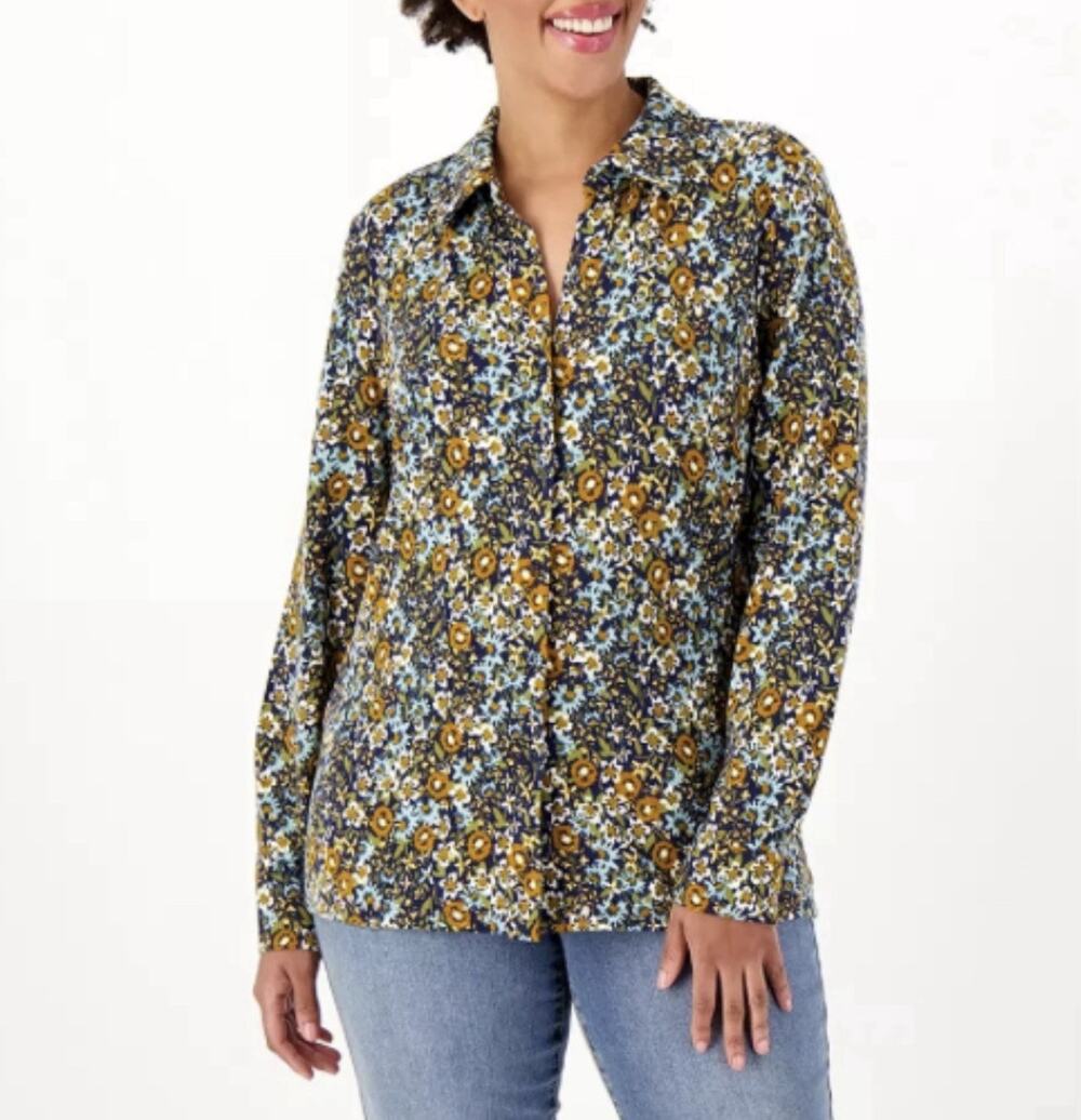 Denim & Co. Heavenly Jersey Womens 5X Button Front Long Sleeve Brown Floral New